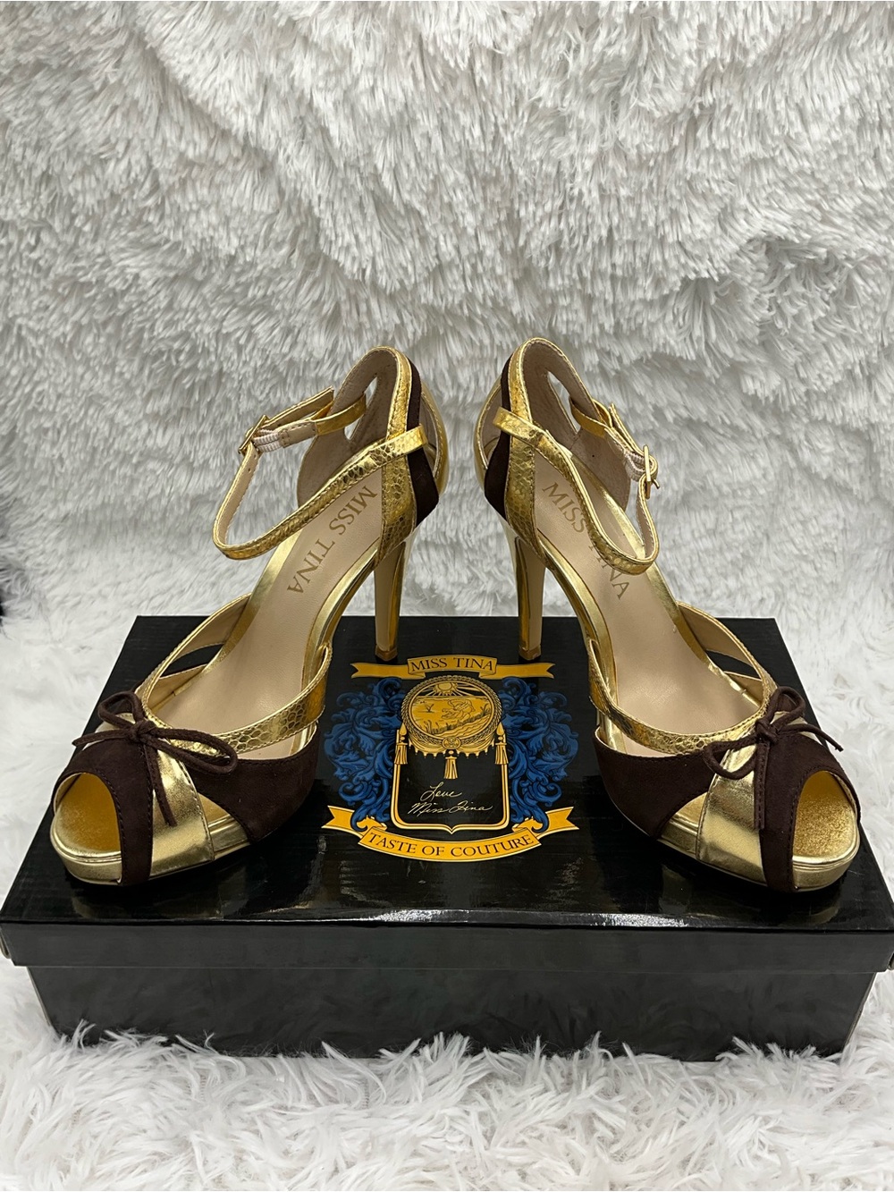 Miss Tina Stiletto Heels Size 6.5W Gold Metallic Dark Brown Peep-Toe Platform